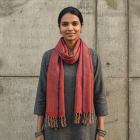 Red Kumaun Handwoven Pure Merino Wool Stole, worn by a woman, AI visual of the stole, iTokri