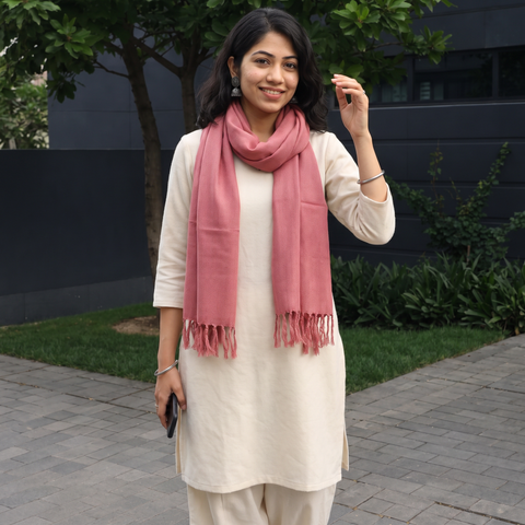 Pink Kumaun Handwoven Pure Merino Wool Stole, worn by a woman, AI visual of the stole, iTokri