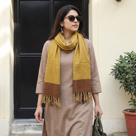 Yellow Kumaun Handwoven Pure Merino Wool Stole, worn by a woman, AI visual of the stole, iTokri