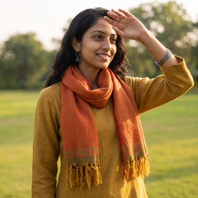 Orange Kumaun Handwoven Pure Merino Wool Stole, worn by a woman, AI visual of the stole, iTokri