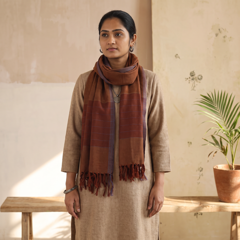 Brown Kumaun Handwoven Pure Merino Wool Stole, worn by a woman, AI visual of the stole, iTokri