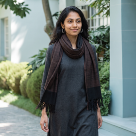 Brown Kumaun Handwoven Pure Merino Wool Stole, worn by a woman, AI visual of the stole, iTokri