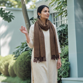 Brown Kumaun Handwoven Pure Merino Wool Stole, worn by a woman, AI visual of the stole, iTokri