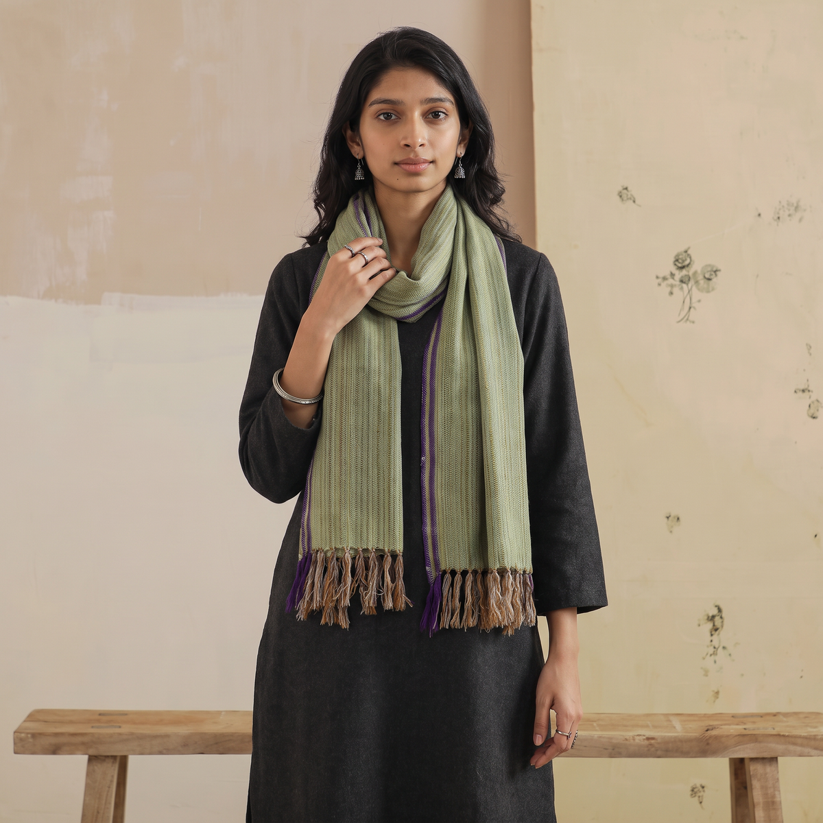 Green Kumaun Handwoven Pure Merino Wool Stole, worn by a woman, AI visual of the stole, iTokri