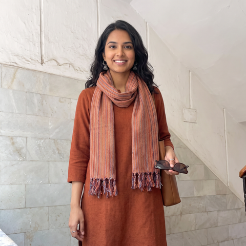 Multicolor Kumaun Handwoven Pure Merino Wool Stole, worn by a woman, AI visual of the stole, iTokri