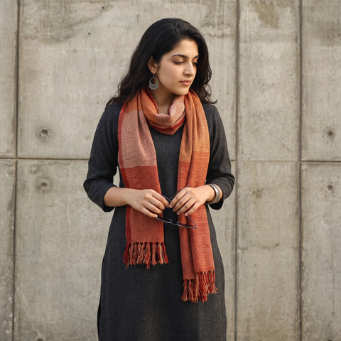 Orange Kumaun Handwoven Pure Merino Wool Stole, worn by a woman, AI visual of the stole, iTokri