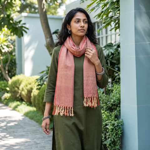 Red Kumaun Handwoven Pure Merino Wool Stole, worn by a woman, AI visual of the stole, iTokri