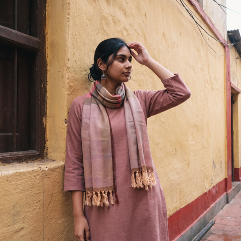 Pink Kumaun Handwoven Pure Merino Wool Stole, worn by a woman, AI visual of the stole, iTokri