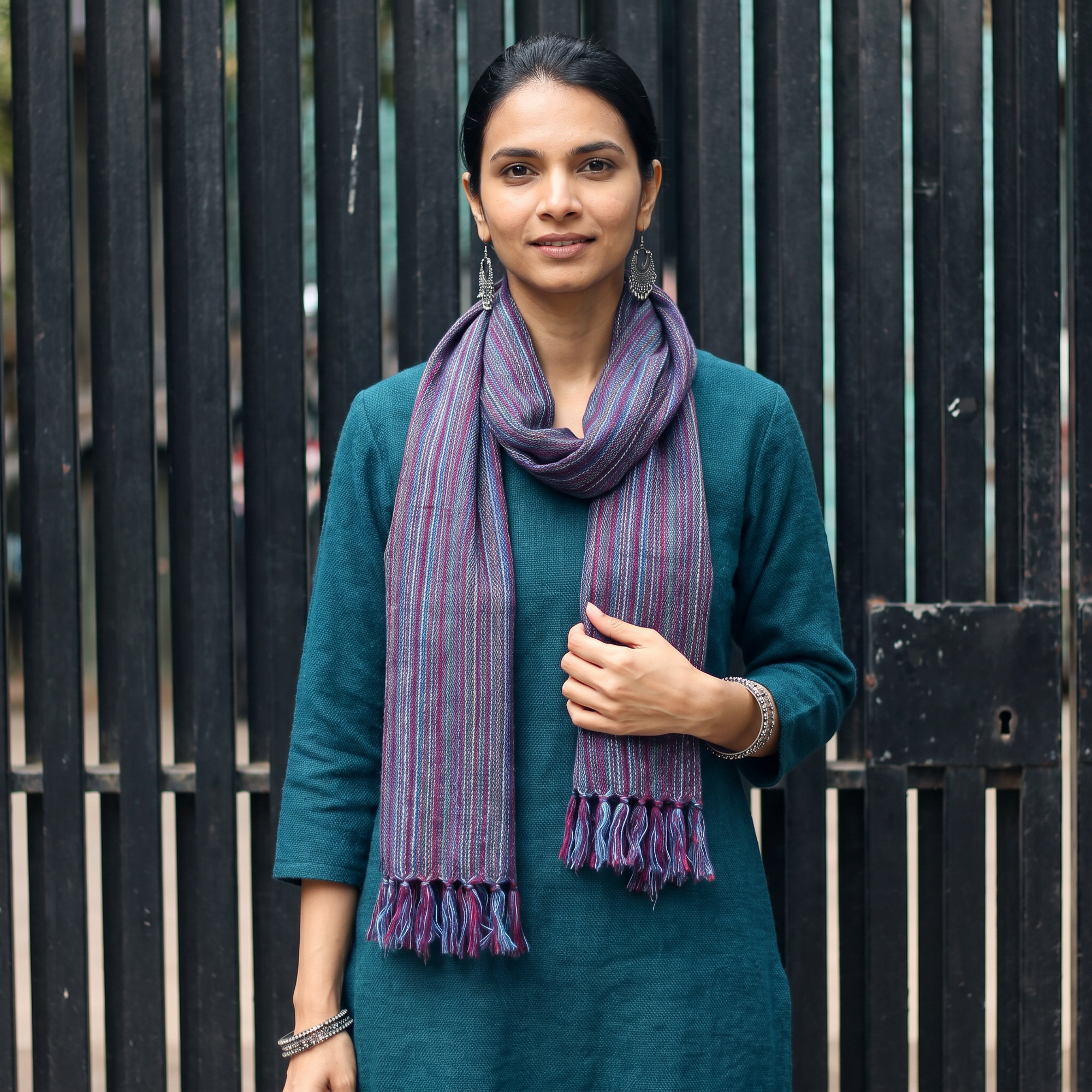Multicolor Kumaun Handwoven Pure Merino Wool Stole, worn by a woman, AI visual of the stole, iTokri