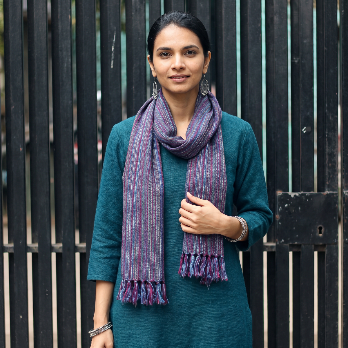 Multicolor Kumaun Handwoven Pure Merino Wool Stole, worn by a woman, AI visual of the stole, iTokri