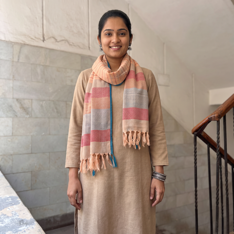 Multicolor Kumaun Handwoven Pure Merino Wool Stole, worn by a woman, AI visual of the stole, iTokri