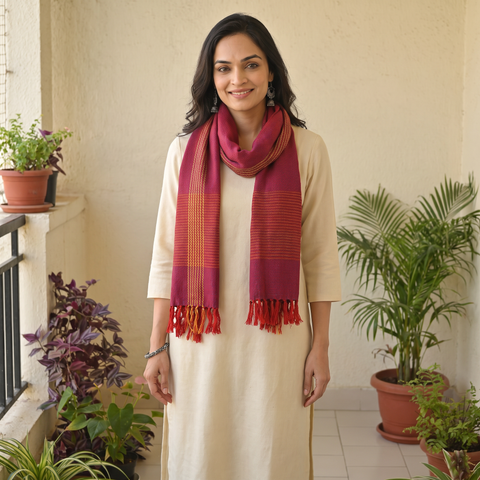 Pink Kumaun Handwoven Pure Merino Wool Stole, worn by a woman, AI visual of the stole, iTokri