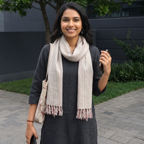 Beige Kumaun Handwoven Pure Merino Wool Stole, worn by a woman, AI visual of the stole, iTokri