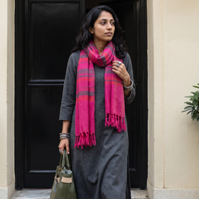 Pink Kumaun Handwoven Pure Merino Wool Stole, worn by a woman, AI visual of the stole, iTokri