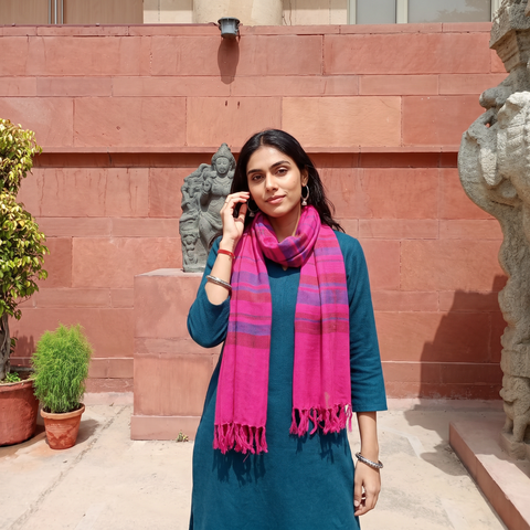 Pink Kumaun Handwoven Pure Merino Wool Stole, worn by a woman, AI visual of the stole, iTokri