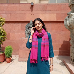 Pink Kumaun Handwoven Pure Merino Wool Stole, worn by a woman, AI visual of the stole, iTokri