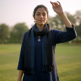 Black Kumaun Handwoven Pure Merino Wool Stole, worn by a woman, AI visual of the stole, iTokri