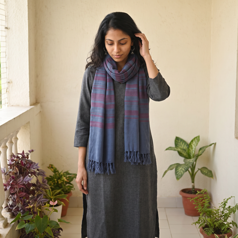 Blue Kumaun Handwoven Pure Merino Wool Stole, worn by a woman, AI visual of the stole, iTokri