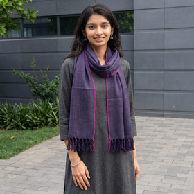 Purple Kumaun Handwoven Pure Merino Wool Stole, worn by a woman, AI visual of the stole, iTokri