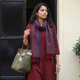 Maroon Kumaun Handwoven Pure Merino Wool Stole, worn by a woman, AI visual of the stole, iTokri