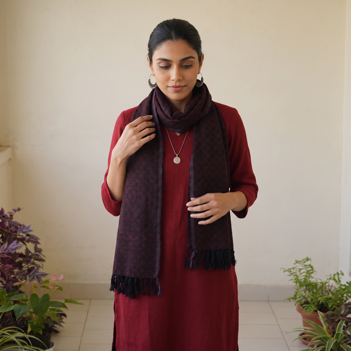 Maroon Kumaun Handwoven Pure Merino Wool Stole, worn by a woman, AI visual of the stole, iTokri