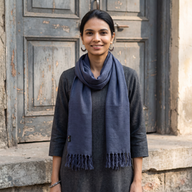 Blue Kumaun Handwoven Pure Merino Wool Stole, worn by a woman, AI visual of the stole, iTokri