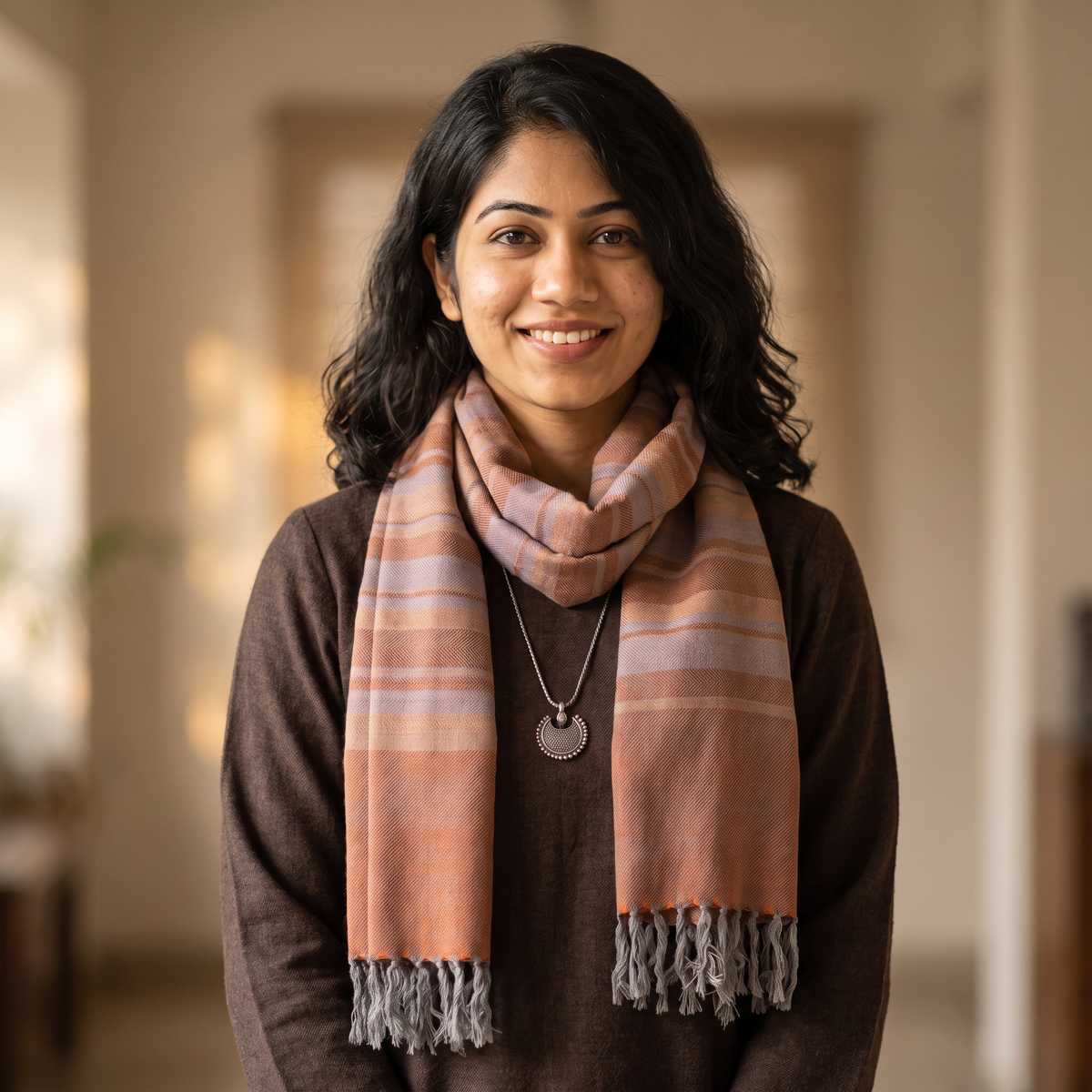 Brown Kumaun Handwoven Pure Merino Wool Stole, worn by a woman, AI visual of the stole, iTokri