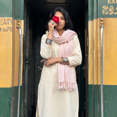 Pink Kumaun Handwoven Pure Merino Wool Stole, worn by a woman, AI visual of the stole, iTokri
