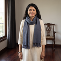 Blue Kumaun Handwoven Pure Merino Wool Stole, worn by a woman, AI visual of the stole, iTokri