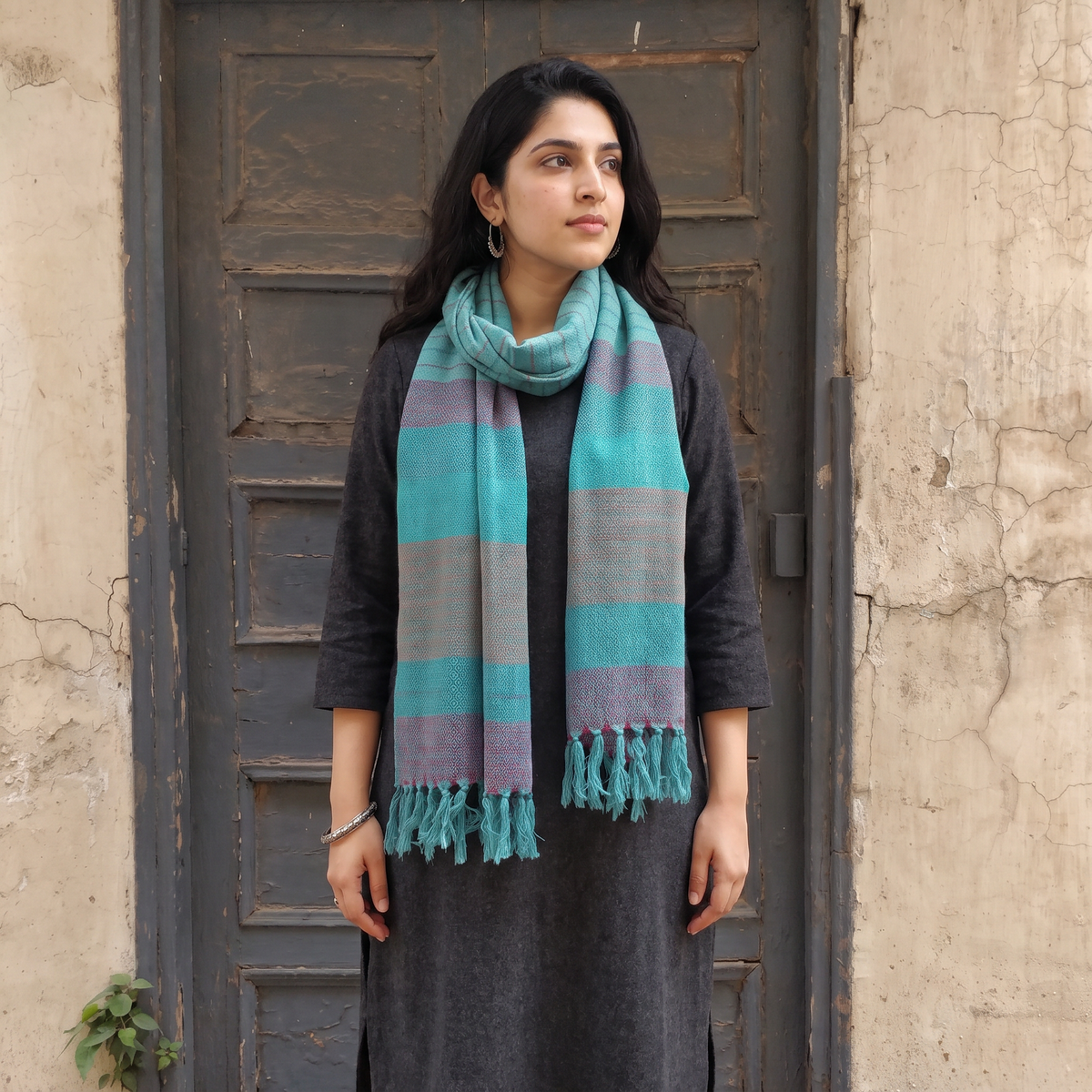 Green Kumaun Handwoven Pure Merino Wool Stole, worn by a woman, AI visual of the stole, iTokri