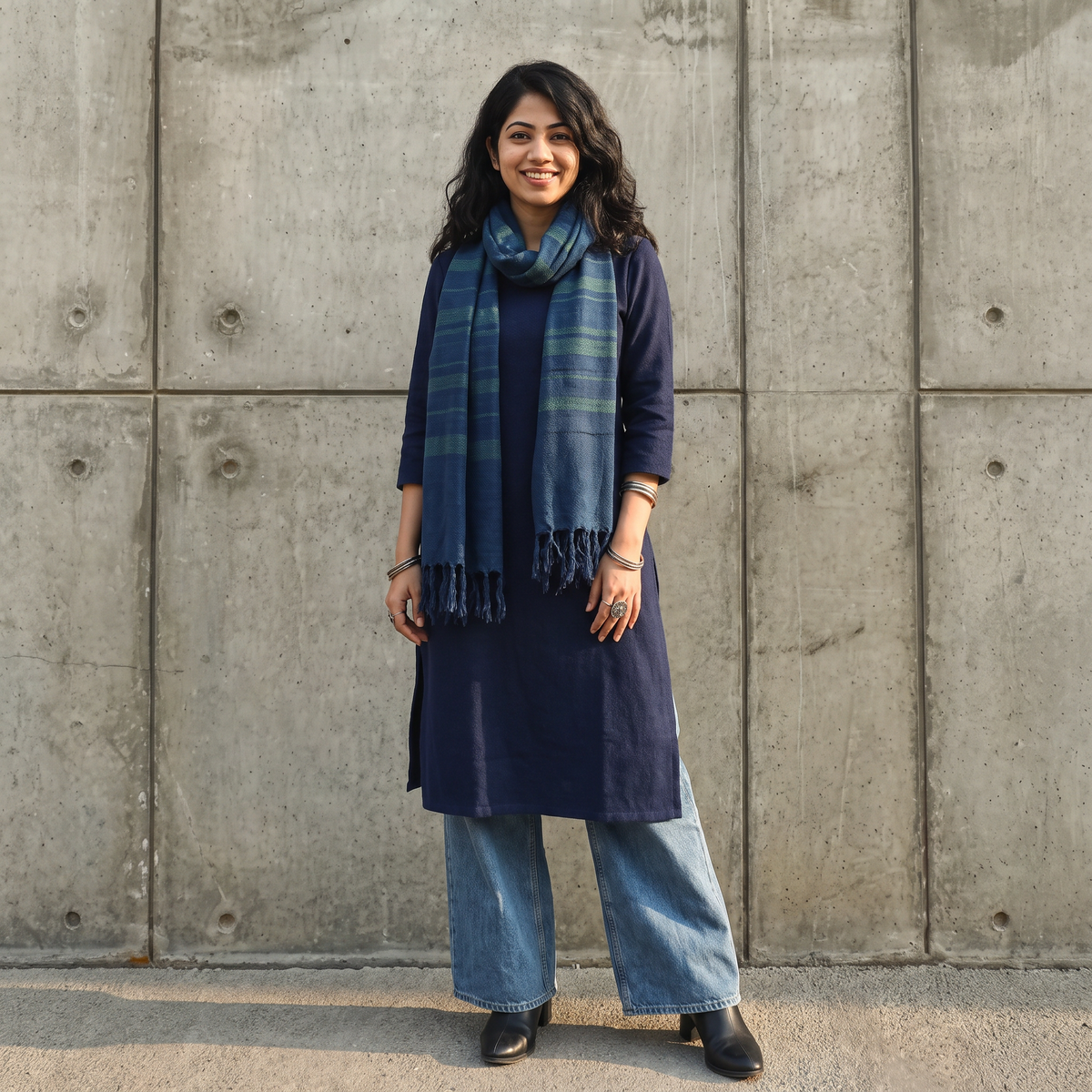 Blue Kumaun Handwoven Pure Merino Wool Stole, worn by a woman, AI visual of the stole, iTokri