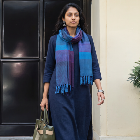 Blue Kumaun Handwoven Pure Merino Wool Stole, worn by a woman, AI visual of the stole, iTokri