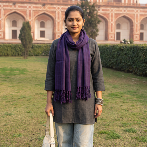 Purple Kumaun Handwoven Pure Merino Wool Stole, worn by a woman, AI visual of the stole, iTokri