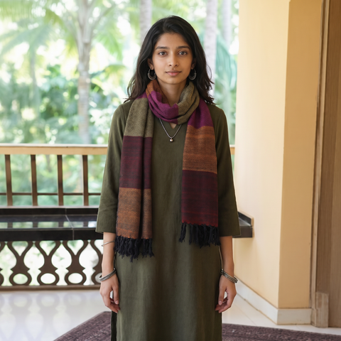 Multicolor Kumaun Handwoven Pure Merino Wool Stole, worn by a woman, AI visual of the stole, iTokri
