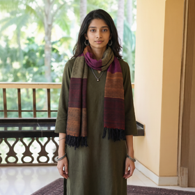 Multicolor Kumaun Handwoven Pure Merino Wool Stole, worn by a woman, AI visual of the stole, iTokri