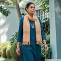 Beige Kumaun Handwoven Pure Merino Wool Stole, worn by a woman, AI visual of the stole, iTokri