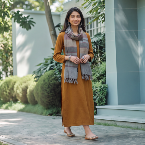 Grey Kumaun Handwoven Pure Merino Wool Stole, worn by a woman, AI visual of the stole, iTokri