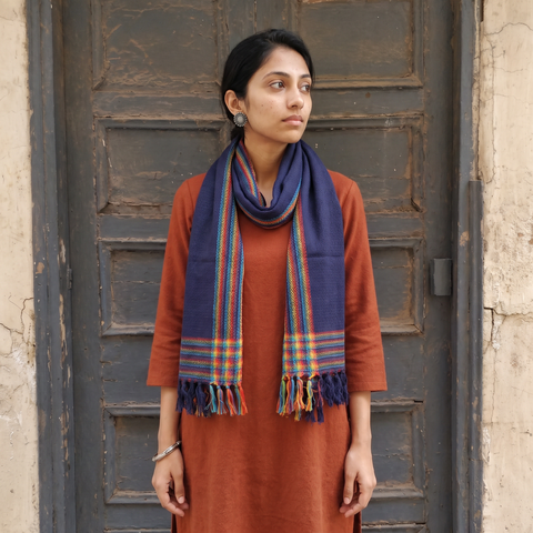 Blue Kumaun Handwoven Pure Merino Wool Stole, worn by a woman, AI visual of the stole, iTokri