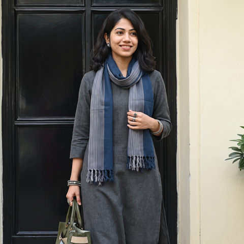 Blue Kumaun Handwoven Pure Merino Wool Stole, worn by a woman, AI visual of the stole, iTokri
