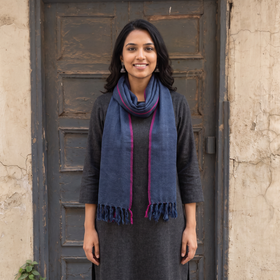 Blue Kumaun Handwoven Pure Merino Wool Stole, worn by a woman, AI visual of the stole, iTokri