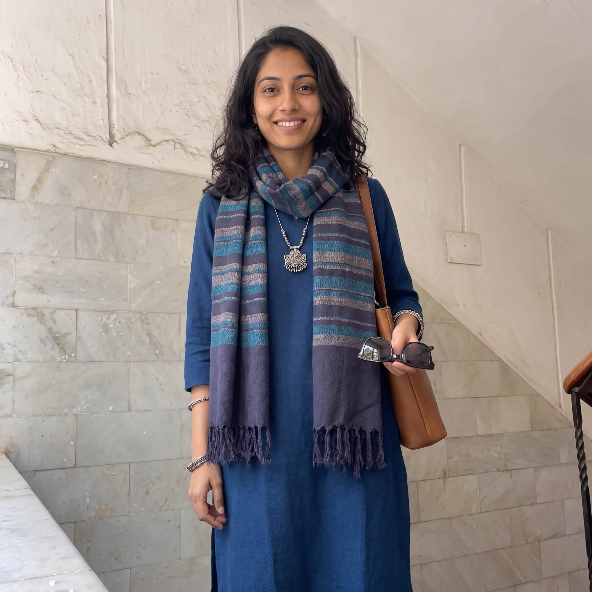 Multicolor Kumaun Handwoven Pure Merino Wool Stole, worn by a woman, AI visual of the stole, iTokri