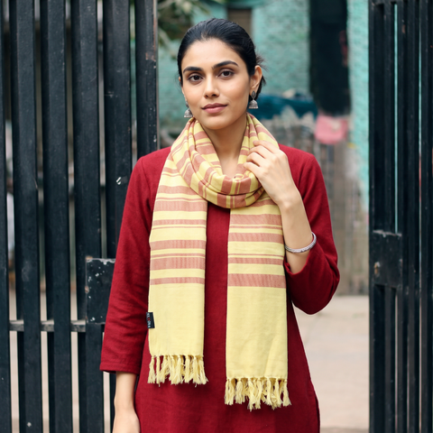 Yellow Kumaun Handwoven Pure Merino Wool Stole, worn by a woman, AI visual of the stole, iTokri