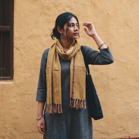Green Kumaun Handwoven Pure Merino Wool Stole, worn by a woman, AI visual of the stole, iTokri