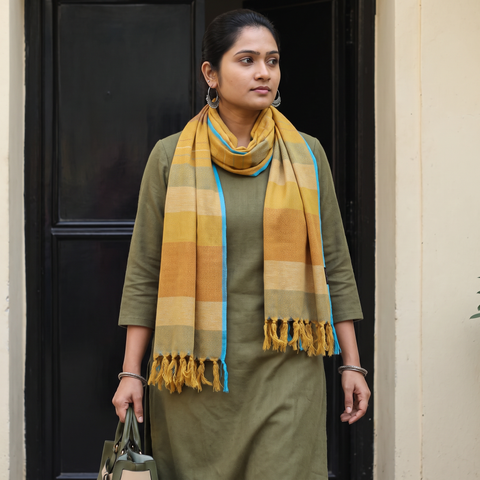 Yellow Kumaun Handwoven Pure Merino Wool Stole, worn by a woman, AI visual of the stole, iTokri