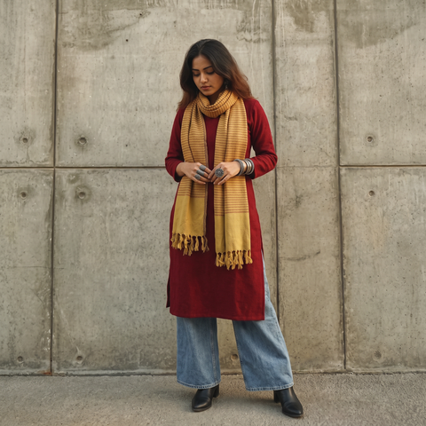 Yellow Kumaun Handwoven Pure Merino Wool Stole, worn by a woman, AI visual of the stole, iTokri