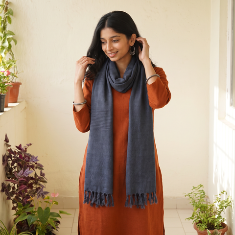 Grey Kumaun Handwoven Pure Merino Wool Stole, worn by a woman, AI visual of the stole, iTokri