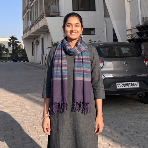 Multicolor Kumaun Handwoven Pure Merino Wool Stole, worn by a woman, AI visual of the stole, iTokri
