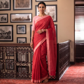 Red Kuppadam Zari Checks Pure Handspun Handloom Cotton Saree, draped and worn by a woman, AI visual of the saree, iTokri
