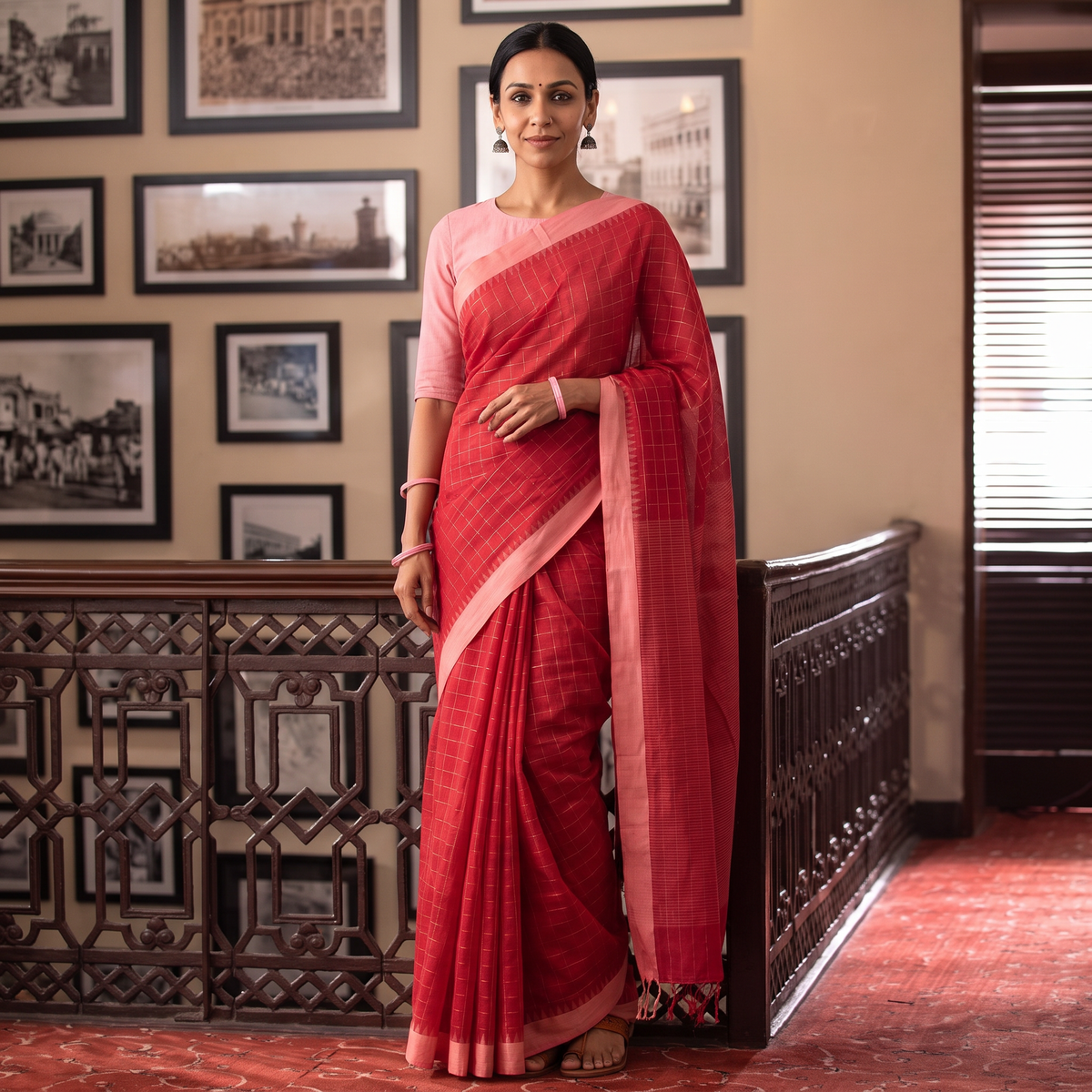 Red Kuppadam Zari Checks Pure Handspun Handloom Cotton Saree, draped and worn by a woman, AI visual of the saree, iTokri