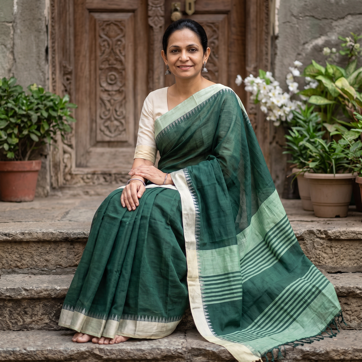 Green Kuppadam Zari Pure Handspun Handloom Cotton Saree, draped and worn by a woman, AI visual of the saree, iTokri